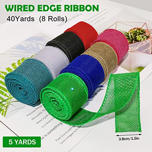 8 Rolls Burlap Wired Ribbons, 1-1/2 Inch x 5 Yard Jute Edge Ribbon Rolls Wrapping Burlap Ribbon for Wreaths Wedding, Bow, Christmas Tree Decoration(Deep Colors)