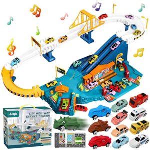 juqic car playset toy ramp track set model vehicles racer cars play set with 8 mini racer cars and 4 dinosaur cars track for preschool boys gifts for kids ages 3 years or older children (city highway)
