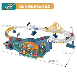 Juqic Car Playset Toy Ramp Track Set Model Vehicles Racer Cars Play Set with 8 Mini Racer Cars and 4 Dinosaur Cars Track for Preschool Boys Gifts for Kids Ages 3 Years or Older Children (City Highway)