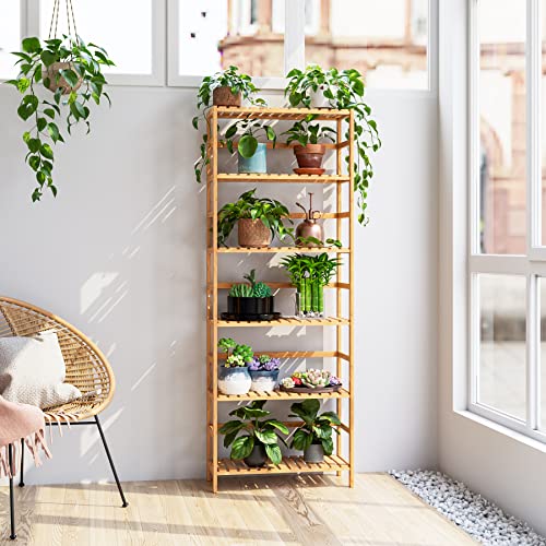 FOTOSOK 6-Tier Bamboo Shelf, Bamboo Bookcase with Adjustable Shelves, Free Standing Storage Shelf Unit, Plant Flower Stand for Kitchen, Bathroom, Home Office, Natural
