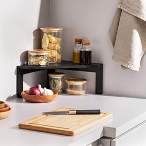 Navaris Bamboo Corner Shelf Unit - Free-Standing Corner Shelf Organizer for Kitchen Cabinet Cupboard Counter-Top Storage 11.8" x 11.8" x 5.9" - Black