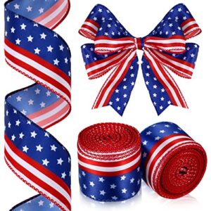 20 Yards 2 Rolls Stars and Stripes Wired Edge Ribbon Independence Day Red White and Blue Ribbon Patriotic American Flag Ribbon 4th of July Satin Ribbon for Memorial Day Party DIY Decor, 2 Inch Wide