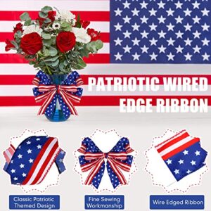 20 Yards 2 Rolls Stars and Stripes Wired Edge Ribbon Independence Day Red White and Blue Ribbon Patriotic American Flag Ribbon 4th of July Satin Ribbon for Memorial Day Party DIY Decor, 2 Inch Wide