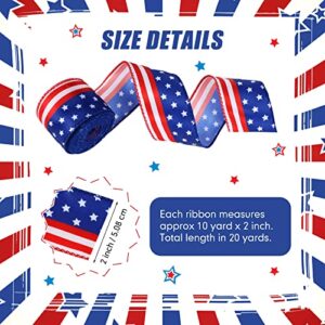 20 Yards 2 Rolls Stars and Stripes Wired Edge Ribbon Independence Day Red White and Blue Ribbon Patriotic American Flag Ribbon 4th of July Satin Ribbon for Memorial Day Party DIY Decor, 2 Inch Wide