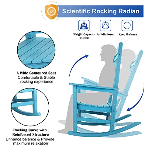 Patio Rocking Chair Set of 2, All Weather Resistant Outdoor Indoor Fade-Resistant Patio Rocker Chair，Stable Durable Smooth Rocking, Comfortable Easy to Maintain, Load Bearing 350 lbs - Lake Blue