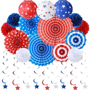 24 pcs 4th of july patriotic day party decoration, red white blue paper lanterns fans pom poms hanging swirls usa flag party supplies for american independence day, military graduation, memorial day