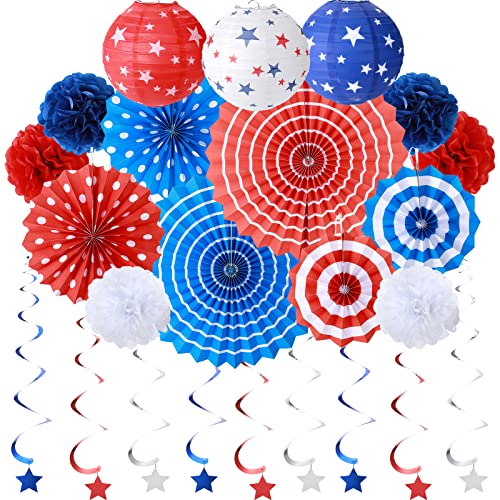 24 Pcs 4th of July Patriotic Day Party Decoration, Red White Blue Paper Lanterns Fans Pom Poms Hanging Swirls USA Flag Party Supplies for American Independence Day, Military Graduation, Memorial Day