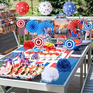 24 Pcs 4th of July Patriotic Day Party Decoration, Red White Blue Paper Lanterns Fans Pom Poms Hanging Swirls USA Flag Party Supplies for American Independence Day, Military Graduation, Memorial Day