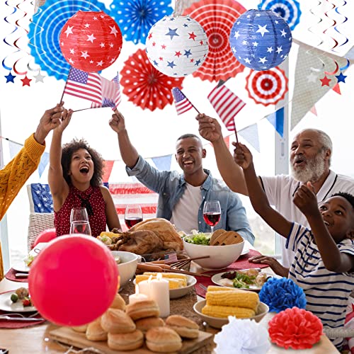 24 Pcs 4th of July Patriotic Day Party Decoration, Red White Blue Paper Lanterns Fans Pom Poms Hanging Swirls USA Flag Party Supplies for American Independence Day, Military Graduation, Memorial Day