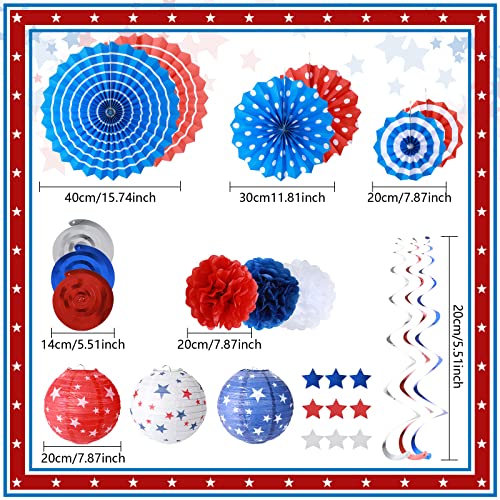 24 Pcs 4th of July Patriotic Day Party Decoration, Red White Blue Paper Lanterns Fans Pom Poms Hanging Swirls USA Flag Party Supplies for American Independence Day, Military Graduation, Memorial Day