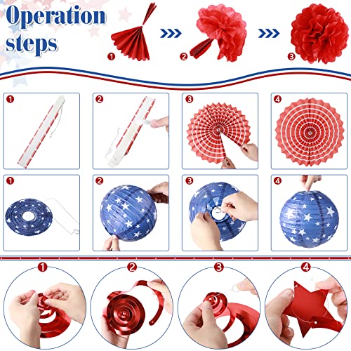 24 Pcs 4th of July Patriotic Day Party Decoration, Red White Blue Paper Lanterns Fans Pom Poms Hanging Swirls USA Flag Party Supplies for American Independence Day, Military Graduation, Memorial Day