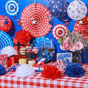 24 Pcs 4th of July Patriotic Day Party Decoration, Red White Blue Paper Lanterns Fans Pom Poms Hanging Swirls USA Flag Party Supplies for American Independence Day, Military Graduation, Memorial Day