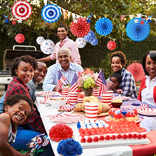 24 Pcs 4th of July Patriotic Day Party Decoration, Red White Blue Paper Lanterns Fans Pom Poms Hanging Swirls USA Flag Party Supplies for American Independence Day, Military Graduation, Memorial Day