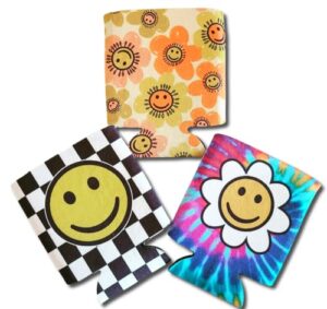 retro kozie vintage style smiley happy face flower power tie dye set of 3 gift can cooler coozie 60's 70's 80's theme checkerboard hippy hippie party favor game beverage birthday tiedye smilex3kooz