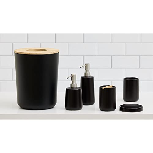 iDesign Ceramic Earth Collection Toothbrush Holder with Paulownia Wood Divider, One Size, Matte Black/Natural