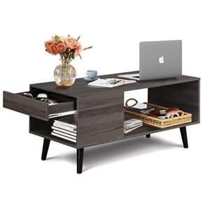 wlive coffee table for living room,small coffee table with storage,mid-century modern wood table with 1 drawer,home,grey.
