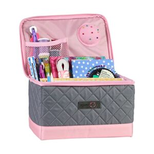 Everything Mary Collapsible Sewing Kit Organizer Box, Pink & Grey - Supplies Storage Basket for Supplies and Accessories - Organization for Thread, Needles, Notions & Scissors - Portable Craft Caddy