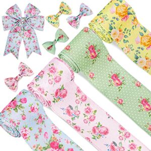whaline vintage floral wired edge ribbon rose flower pattern ribbon 4 rolls spring summer floral fabric decorative craft ribbon for gift wrapping decor hair bow sewing wreath crafts, 20 yard x 2.5 in