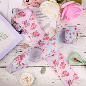 Whaline Vintage Floral Wired Edge Ribbon Rose Flower Pattern Ribbon 4 Rolls Spring Summer Floral Fabric Decorative Craft Ribbon for Gift Wrapping Decor Hair Bow Sewing Wreath Crafts, 20 Yard x 2.5 in