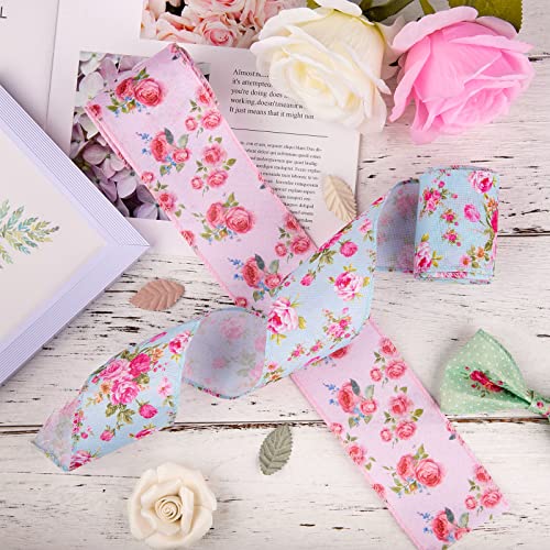 Whaline Vintage Floral Wired Edge Ribbon Rose Flower Pattern Ribbon 4 Rolls Spring Summer Floral Fabric Decorative Craft Ribbon for Gift Wrapping Decor Hair Bow Sewing Wreath Crafts, 20 Yard x 2.5 in