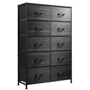 wlive 10-drawer dresser, fabric storage tower for bedroom, hallway, nursery, closets, tall chest organizer unit with fabric bins, steel frame, wood top, pull handle, charcoal black wood grain print