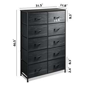 WLIVE 10-Drawer Dresser, Fabric Storage Tower for Bedroom, Hallway, Nursery, Closets, Tall Chest Organizer Unit with Fabric Bins, Steel Frame, Wood Top, Pull Handle, Charcoal Black Wood Grain Print