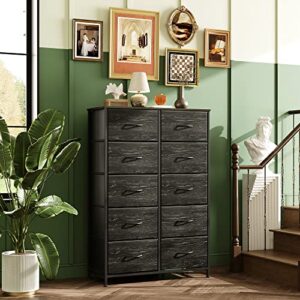 WLIVE 10-Drawer Dresser, Fabric Storage Tower for Bedroom, Hallway, Nursery, Closets, Tall Chest Organizer Unit with Fabric Bins, Steel Frame, Wood Top, Pull Handle, Charcoal Black Wood Grain Print