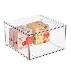 mdesign plastic stackable kitchen storage organizer bin containers with front pull drawer for cabinet, pantry, fridge, freezer, shelf, refrigerator organization - lumiere collection - clear