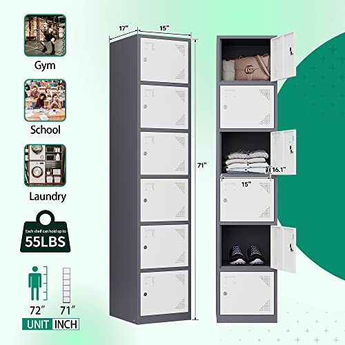 Letaya Metal Lockers for Employees,71" Steel Storage Cabinet with 6 Door Lockable for Office Staff,Home Sundries,Gym,School (White)