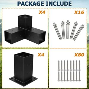 Soobool 4x4 DIY Pergola Bracket Kit with Black Powder Coated, Aluminium Alloy, 4 Arm Pergola 3-Way Corner Extension Brackets and 4 Solos Pergola Post Base for 4x4 Wood Post(Actual: 3.5"x3.5")