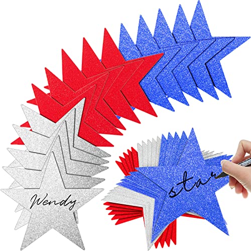 150 Pcs Glitter Stars Paper Confetti Wedding Party Decor Cutouts Confetti Stars Small Stars for Bulletin Board Shimmer Stars Accents for Classroom Wall Decor, 6 Inches (Red, Blue, Silver)