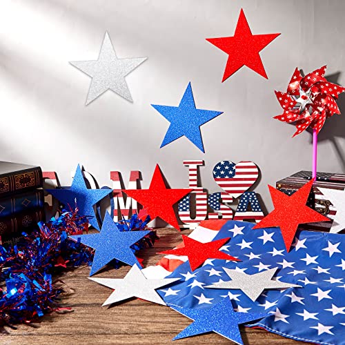 150 Pcs Glitter Stars Paper Confetti Wedding Party Decor Cutouts Confetti Stars Small Stars for Bulletin Board Shimmer Stars Accents for Classroom Wall Decor, 6 Inches (Red, Blue, Silver)