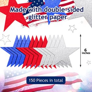 150 Pcs Glitter Stars Paper Confetti Wedding Party Decor Cutouts Confetti Stars Small Stars for Bulletin Board Shimmer Stars Accents for Classroom Wall Decor, 6 Inches (Red, Blue, Silver)