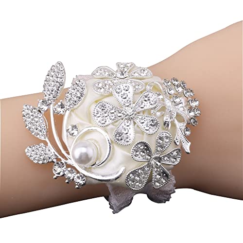 WANLIAN Wrist Corsage Peal Diamond Boutonniere for Bride Bridesmaid Prom Wedding Ceremony Anniversary 1 Pieces (Ivory)