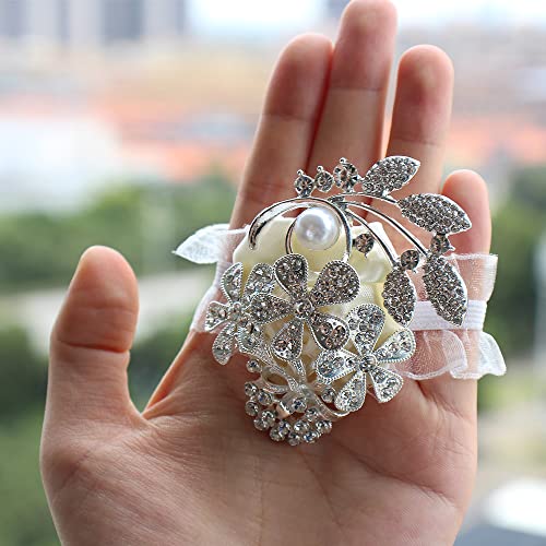 WANLIAN Wrist Corsage Peal Diamond Boutonniere for Bride Bridesmaid Prom Wedding Ceremony Anniversary 1 Pieces (Ivory)