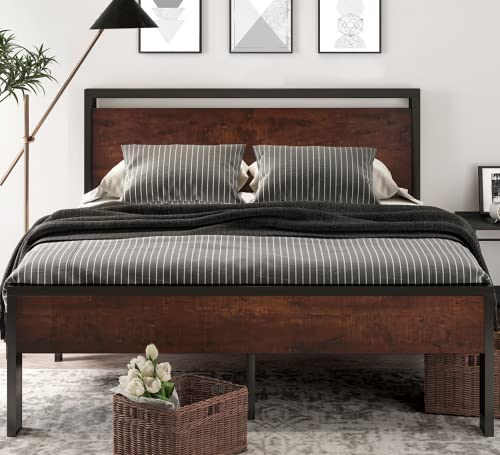 SHA CERLIN 14 Inch King Size Metal Platform Bed Frame with Wooden Headboard and Footboard, Mattress Foundation, No Box Spring Needed, Large Under Bed Storage, Non-Slip Without Noise, Mahogany