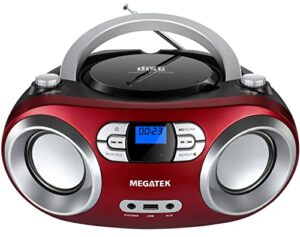 megatek portable cd player boombox with fm radio, bluetooth, usb, aux-in and headphone jack, cd-r/rw and mp3 cds compatible, enhanced stereo sound, ac/battery operated - cherry red