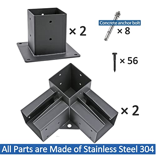 Deck Man 4x4(Actual Size: 3.5x3.5inch) Stainless Steel 3-Way Right Corner Bracket with Flange Anchors，Pergola/Gazebo kit (2 Pack)