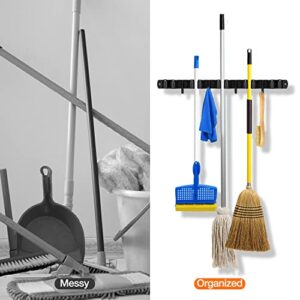 LOVZEN Broom Holder Wall Mount, Broom Organizer Wall Mount Stainless Steel Mop and Broom Holder Wall Mounted Heavy Duty Broom Hanger Storage Rack for Kitchen,Laundry Room,Garden 5 Rack 4 Hooks Black