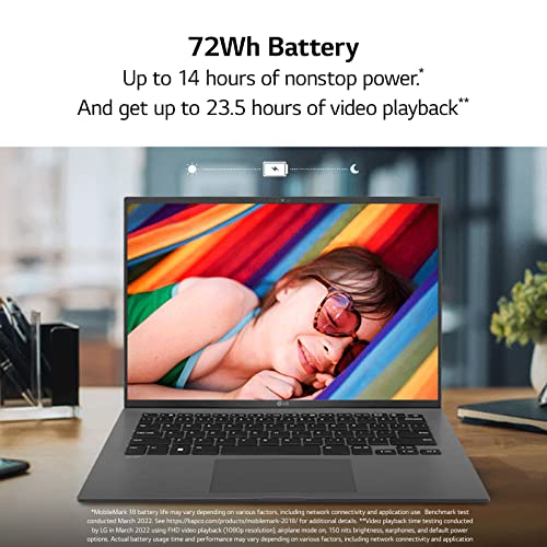 LG gram (2022) 14Z90Q Ultra Lightweight Laptop, 14" (1920 x 1200) IPS Display, Intel Evo 12th Gen i7 1260P Processor, 16GB LPDDR5, 512GB NVMe SSD, FHD Webcam, WiFi 6E, Thunderbolt 4, Windows 11, Gray