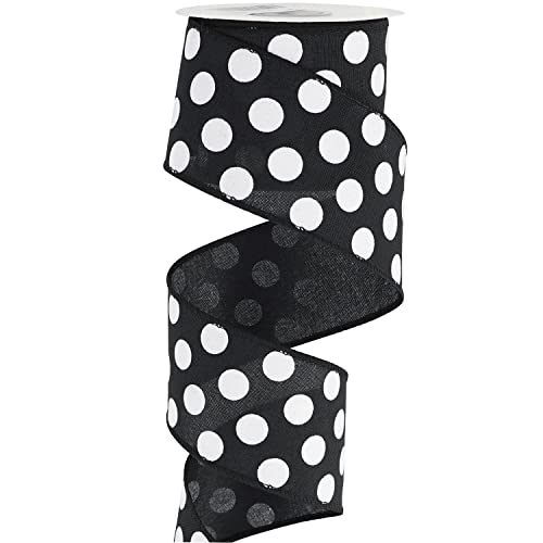 MEEDEE Black Ribbon with White Dots Black and White Polka Dot Ribbon 2.5 Inch Black Wired Ribbon for Black & White Welcome Front Door Burlap Wreath Pet Wreath Dog Wreath Ribbon Gift Basket, 10 Yards