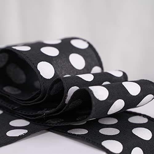 MEEDEE Black Ribbon with White Dots Black and White Polka Dot Ribbon 2.5 Inch Black Wired Ribbon for Black & White Welcome Front Door Burlap Wreath Pet Wreath Dog Wreath Ribbon Gift Basket, 10 Yards