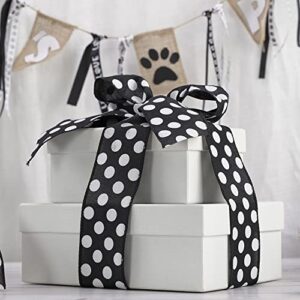 MEEDEE Black Ribbon with White Dots Black and White Polka Dot Ribbon 2.5 Inch Black Wired Ribbon for Black & White Welcome Front Door Burlap Wreath Pet Wreath Dog Wreath Ribbon Gift Basket, 10 Yards