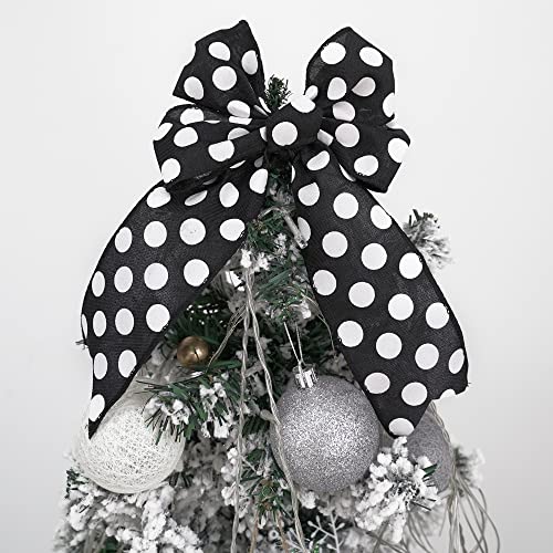 MEEDEE Black Ribbon with White Dots Black and White Polka Dot Ribbon 2.5 Inch Black Wired Ribbon for Black & White Welcome Front Door Burlap Wreath Pet Wreath Dog Wreath Ribbon Gift Basket, 10 Yards