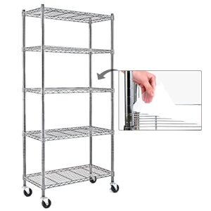 efine chrome 5-shelf shelving units and storage on 3'' wheels with 5 shelf liners, adjustable heavy duty steel wire shelving unit for garage, kitchen, office (30w x 14d x 63.7h) pole diameter 1 inch