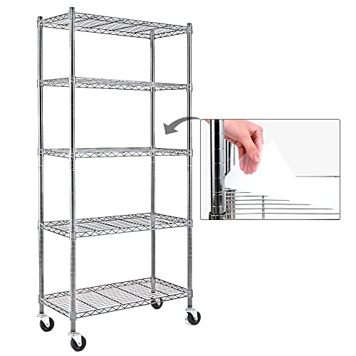 EFINE Chrome 5-Shelf Shelving Units and Storage on 3'' Wheels with 5 Shelf Liners, Adjustable Heavy Duty Steel Wire Shelving Unit for Garage, Kitchen, Office (30W x 14D x 63.7H) Pole Diameter 1 Inch