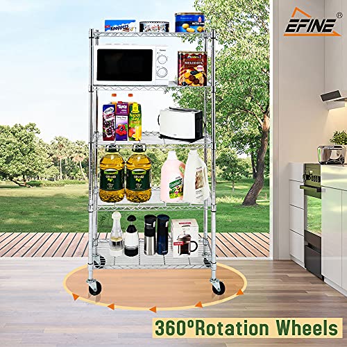 EFINE Chrome 5-Shelf Shelving Units and Storage on 3'' Wheels with 5 Shelf Liners, Adjustable Heavy Duty Steel Wire Shelving Unit for Garage, Kitchen, Office (30W x 14D x 63.7H) Pole Diameter 1 Inch