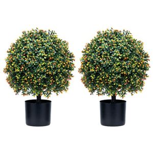 ecolvant two 20''t artificial boxwood topiary ball tree uv resistant potted plants artificial flower buds tree for indoor outdoor home garden (orange flowers, 2)