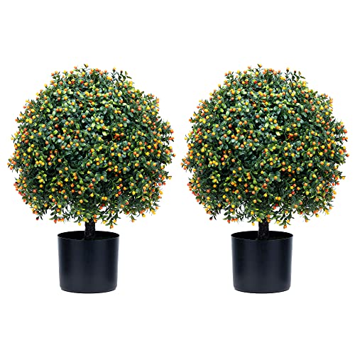 ECOLVANT Two 20''T Artificial Boxwood Topiary Ball Tree UV Resistant Potted Plants Artificial Flower Buds Tree for Indoor Outdoor Home Garden (Orange Flowers, 2)