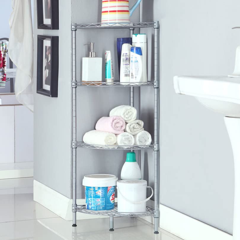 be current 4-Shelf Steel Wire Corner Shelving Unit, Small Shelf Stand, Adjustable 4 Tier Shelf, Metal Storage Shelves Oraginzer Racks for Kitchen, Bathroom, Laundry, Pantry, Closet, Silver Gray